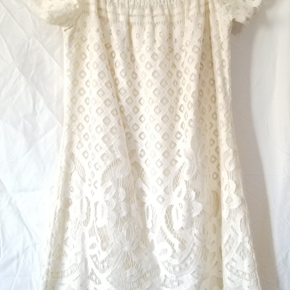 Lace over silk dress; short, Off-white - NEW